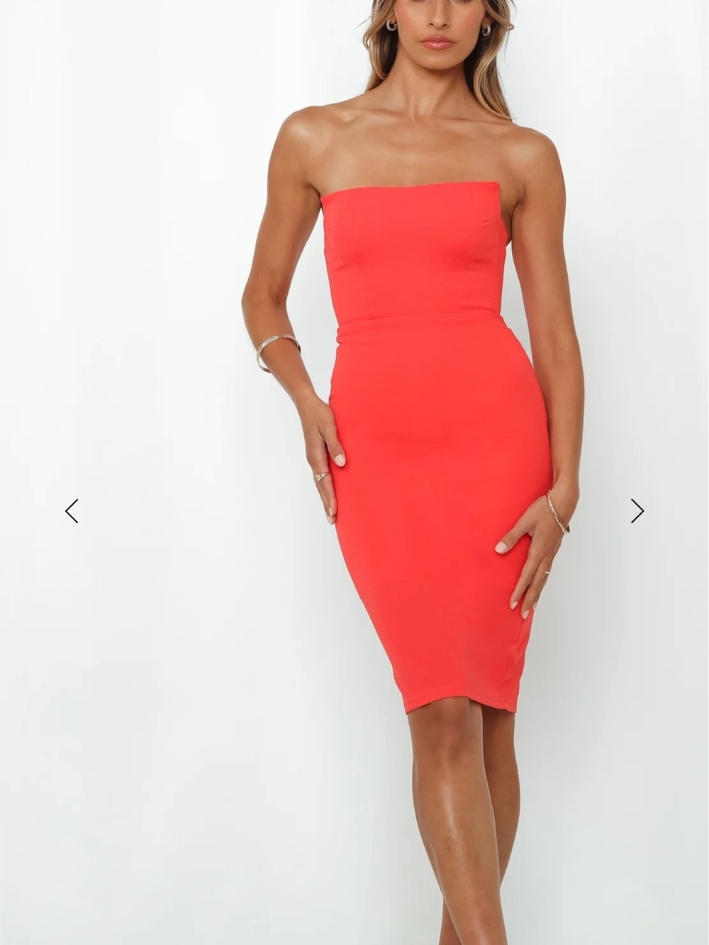 Hello Molly Strapless Midi Dress in Coral Red